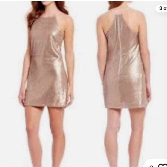 Halston Heritage Gold Sequin Halter Mini Dress Size 10 Champagne Party Cocktail - Picture 8 of 9